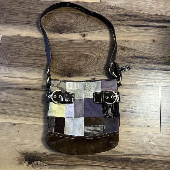 Coach G05S-F03573 Brown Patchwork Leather Suede Shoulder Crossbody Handbag Retro - Picture 1 of 14